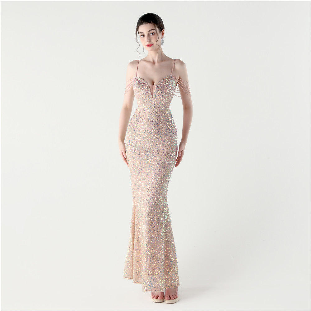 33313 #2025 New sequined beaded party wedding dinner suspender slim-fitting long evening dress