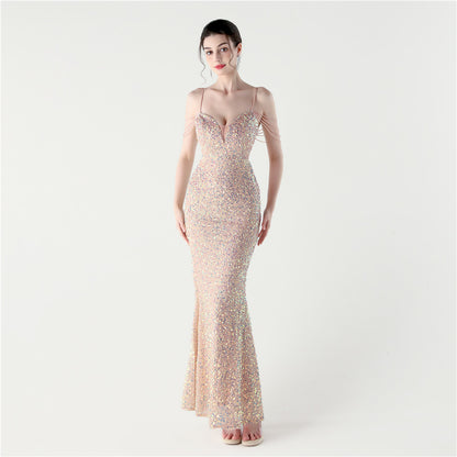 33313 #2025 New sequined beaded party wedding dinner suspender slim-fitting long evening dress