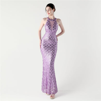 33133 #2025 new sequined mesh slim hip wrap sexy off-the-shoulder women's evening dress dinner party dress