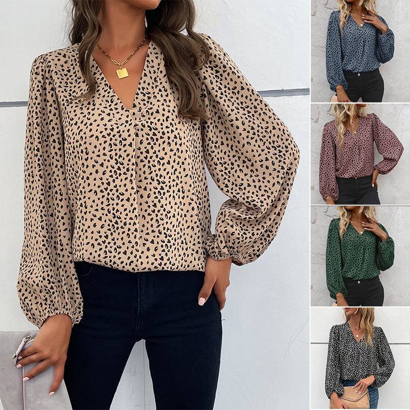 LOVEVOP Cross-border  popular spring and summer Popular trade 2025 commuter tops long-sleeved V-neck leopard print design shirts women