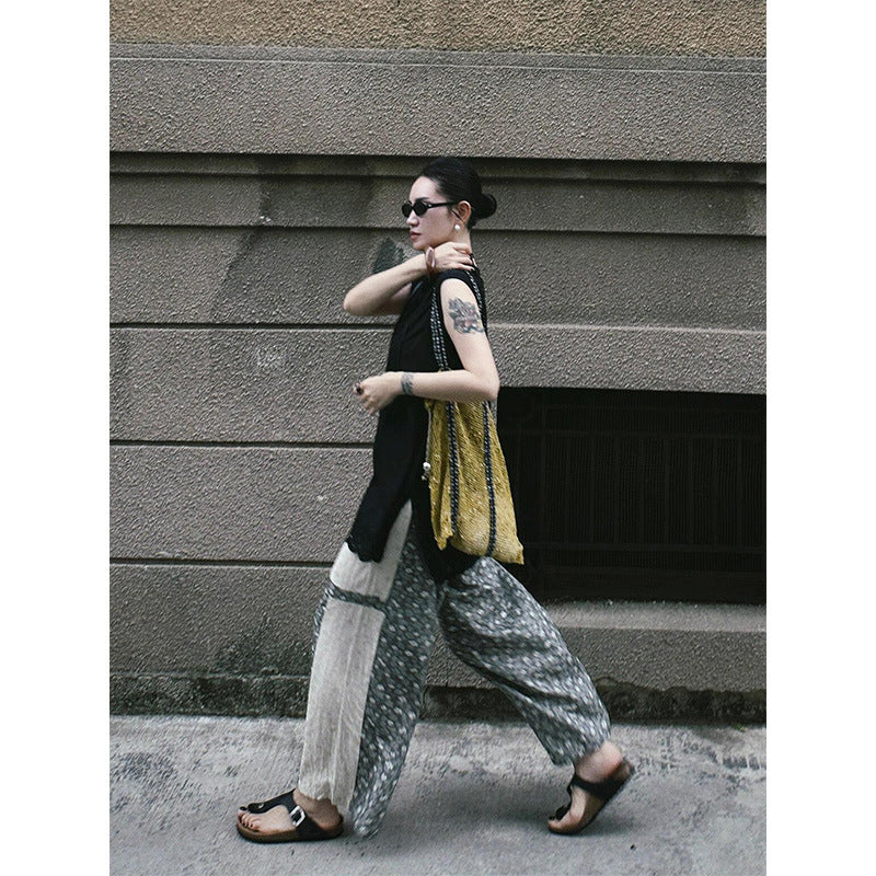 Japanese retro gray floral splicing cotton and linen casual pants women's spring new small straight wide-leg walking pants