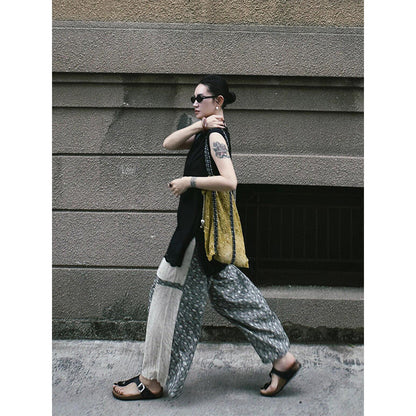 Japanese retro gray floral splicing cotton and linen casual pants women's spring new small straight wide-leg walking pants