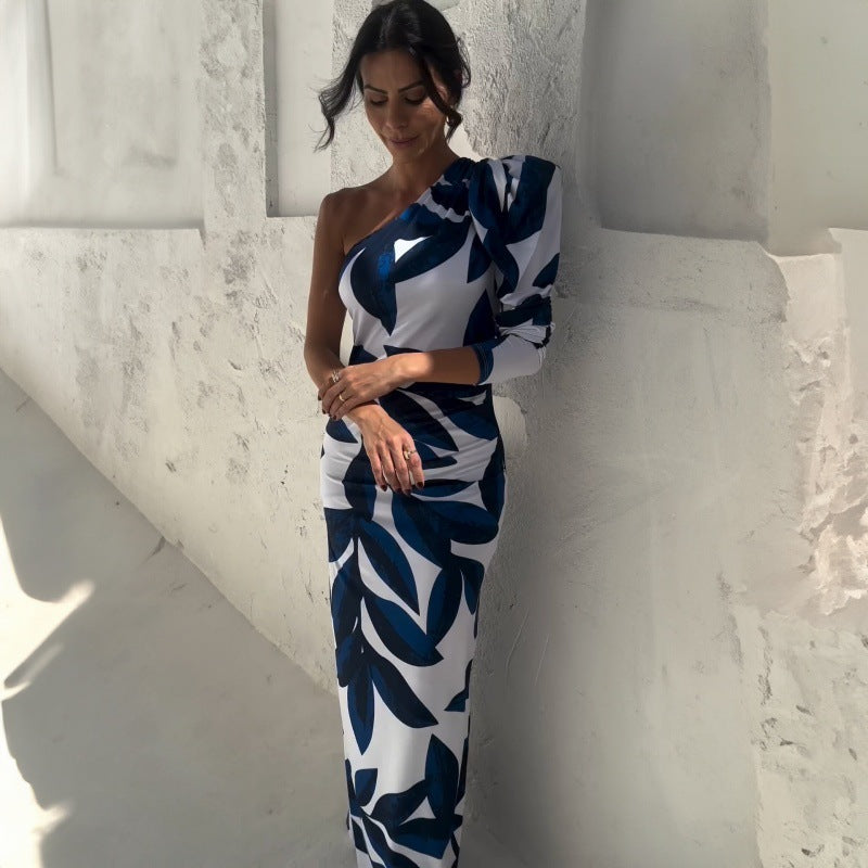 LOVEVOP 2025 cross-border women's clothing Hot summer new trend printing diagonal neck bubble sleeve fashion split-ended long dress