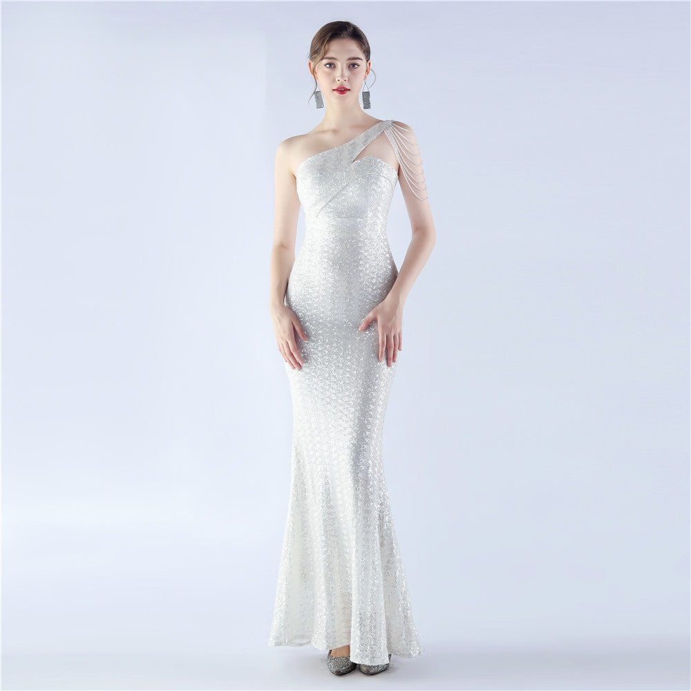 31357 #Hot Trade popular New Symphony Bead Craft Bead Shoulder Slant Neck High-end Slim Evening Dress