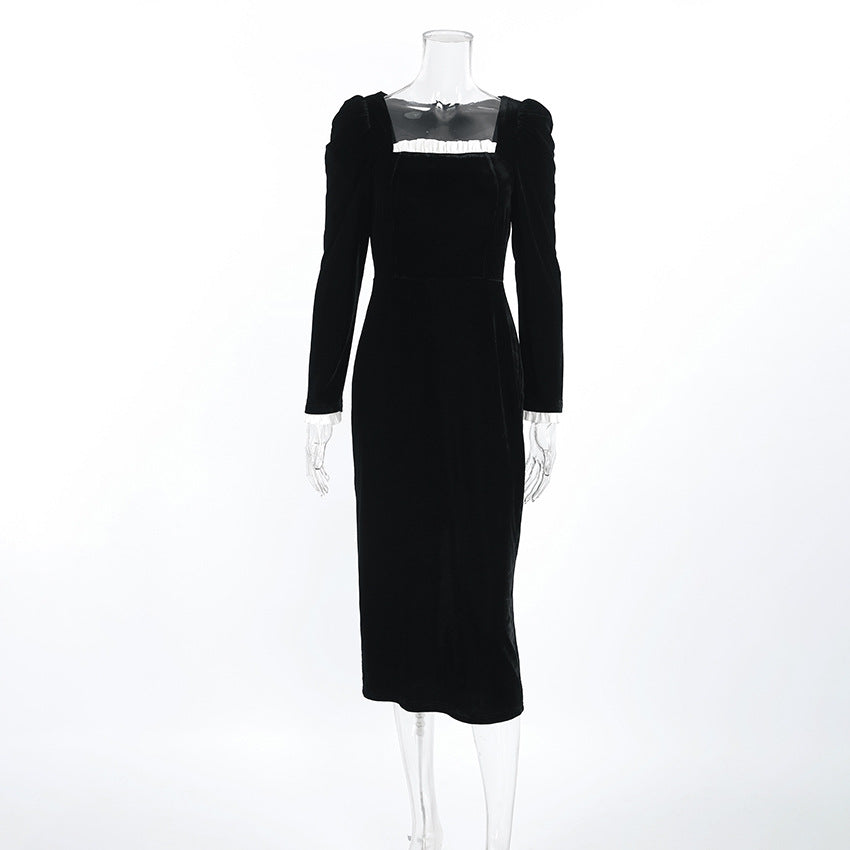 2025 Autumn black sexy slim-fit knitted Korean velvet long-sleeved split-ended contrasting color dress  temperament commuter skirt