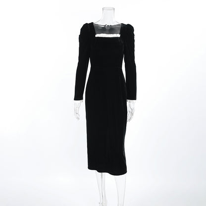 2025 Autumn black sexy slim-fit knitted Korean velvet long-sleeved split-ended contrasting color dress  temperament commuter skirt