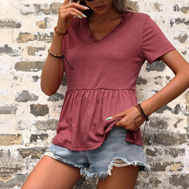 LOVEVOP New Cross-border popular New Summer 2025 V-Neck Casual Solid Color Loose T-Shirt Short Sleeve Top Women