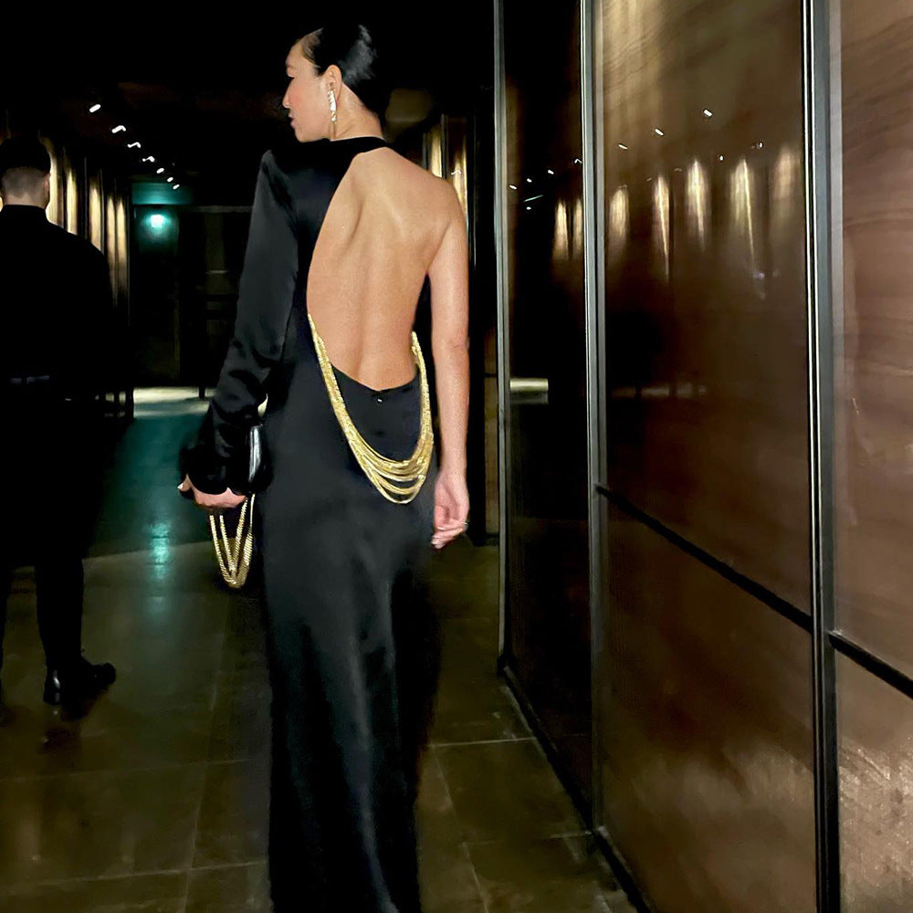 LOVEVOP new black shoulder long sleeve sexy backless snake bone chain long  women's dress autumn