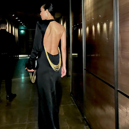 LOVEVOP new black shoulder long sleeve sexy backless snake bone chain long  women's dress autumn