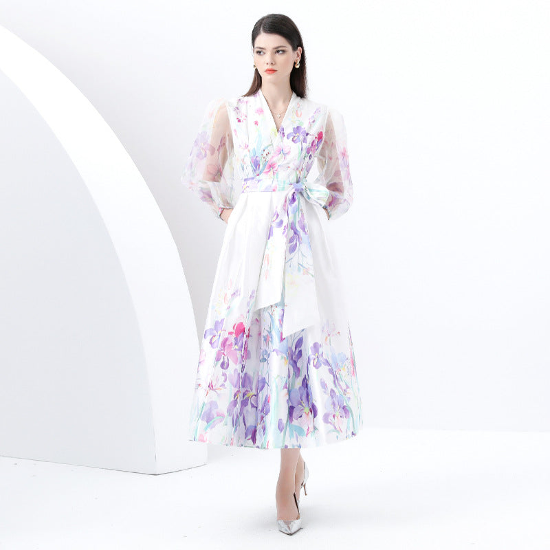 style New Popular trade women's fashion printed dress, socialite waist lantern sleeve big swing elegant long dress