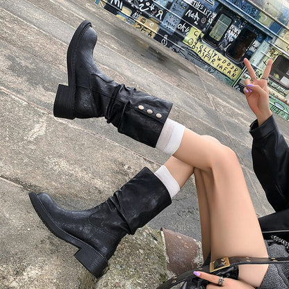 2025  Vintage two-wear western boots stacking boots medium tube long boots knight boots martin boots women's autumn and winter