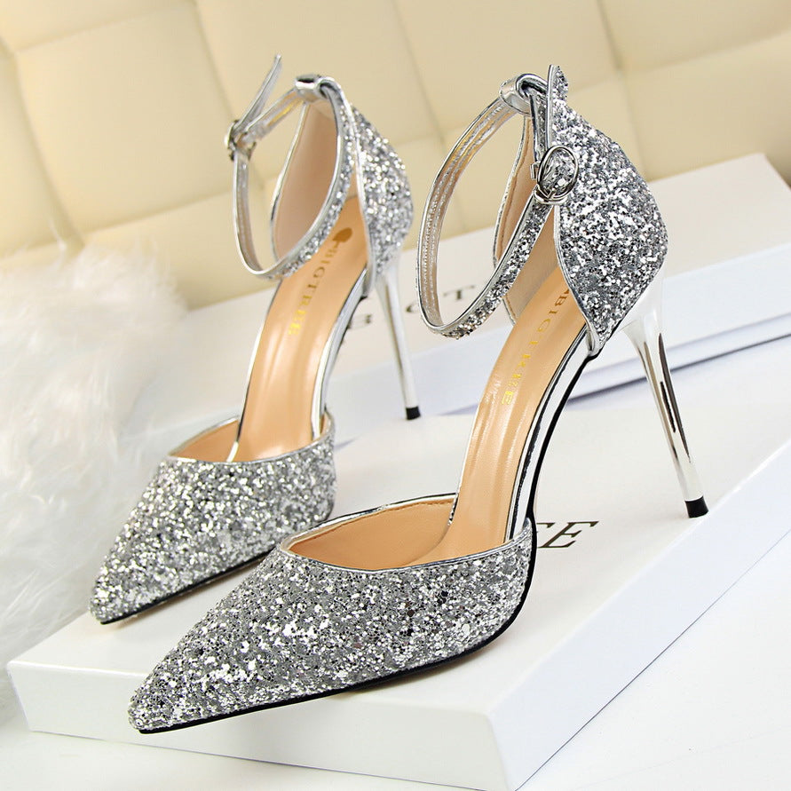 2025 283-A1  sexy nightclub women's shoes high heel shallow mouth pointed metal thin heel with sequined hollow sandals