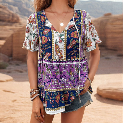 LOVEVOP New Popular trade popular summer new women's clothing 2025 casual tops holiday style printing strap shirt