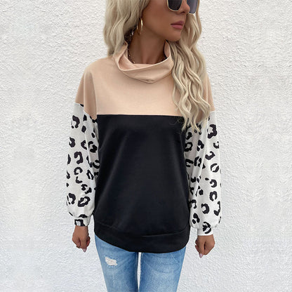 LOVEVOP New Cross-border popular autumn and winter new products 2025 casual tops leopard print color matching long-sleeved turtleneck sweater