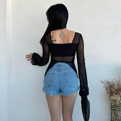 LOVEVOP 2025 cross-border women's clothing Hot autumn and winter new sexy exposed navel mesh yarn strap drawstring short long-sleeved halter top