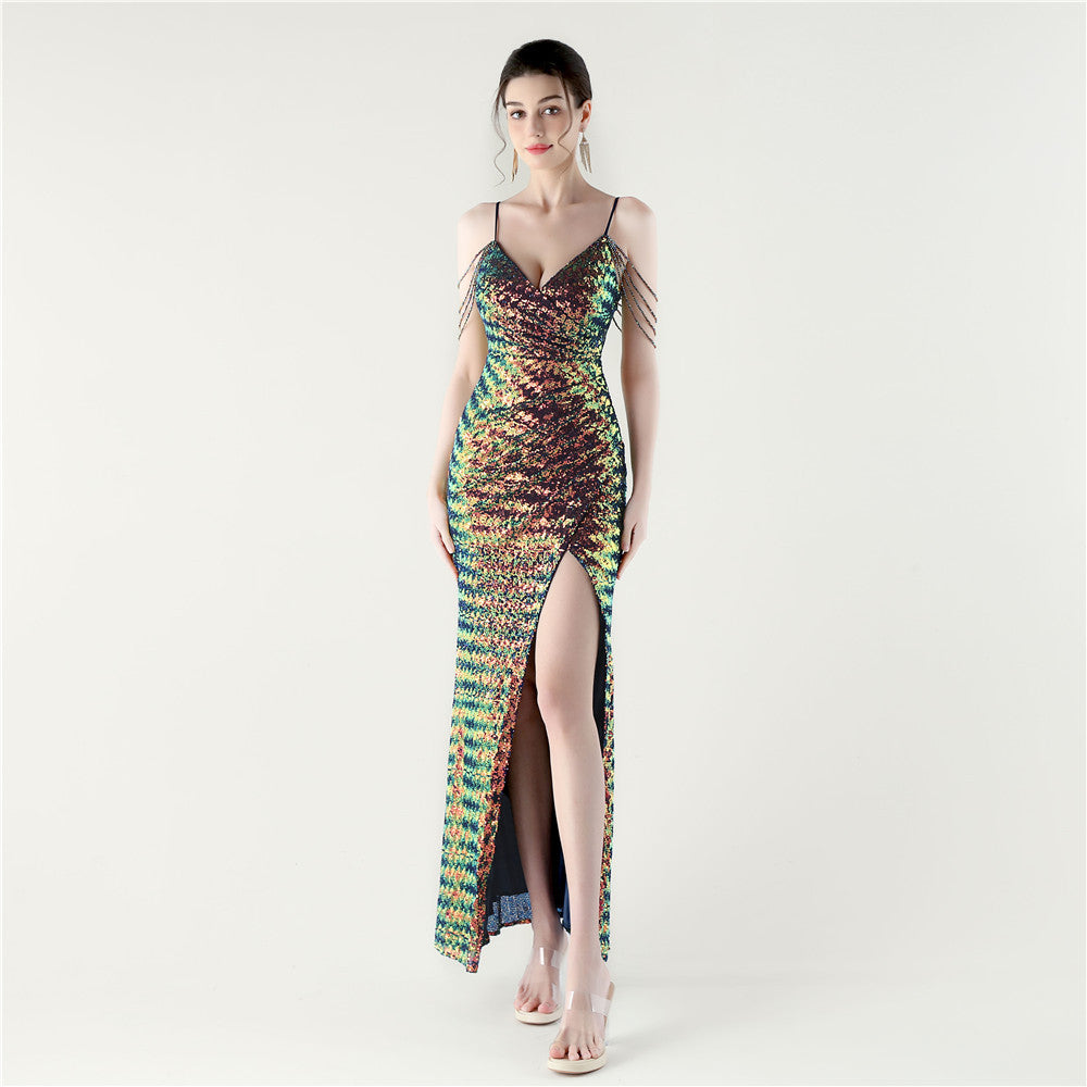 33311 #New Fashion Celebrity Dinner Deep V Sequins High Split Evening Dress