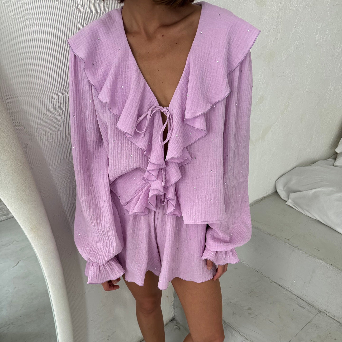 Popular, , summer  hot diamond purple new fashion two-piece set ruffle edge long-sleeved shorts women's outerwear