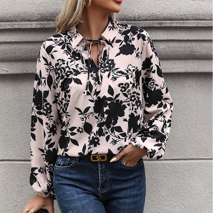 LOVEVOP 2025 cross-border women's clothing Hot autumn printed shirt fast selling autumn and winter fashion V-neck lace-up shirt