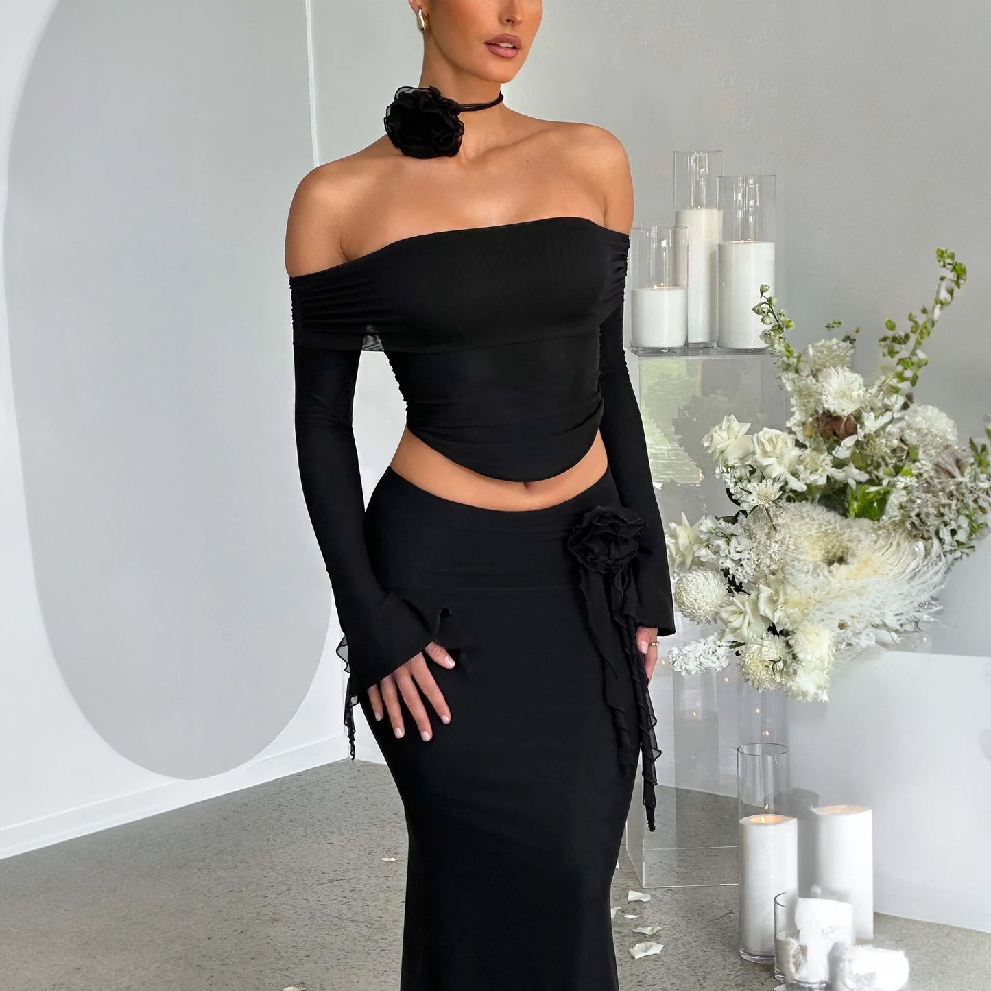 LOVEVOP 2025 foreign trade cross-border women's clothing Hot summer new fashionable and sexy tube top off-the-shoulder top long skirt set