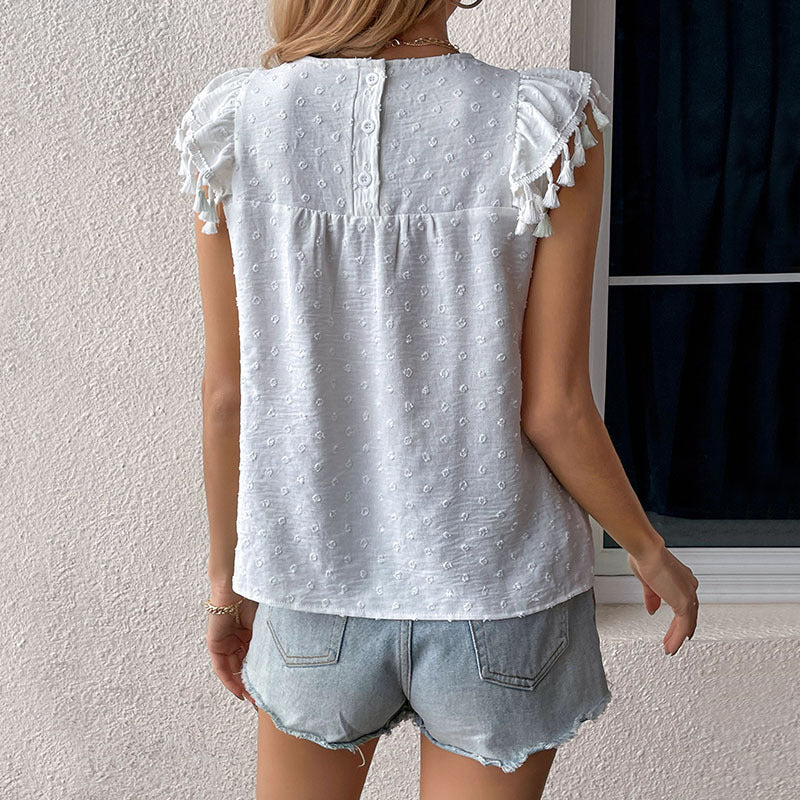 LOVEVOP New popular summer new 2025 women's clothing fringed splicing solid color shirt women's design top