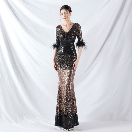 31951 #Popular trade dress new craft order ostrich hair gradual change beads long sleeve evening dress