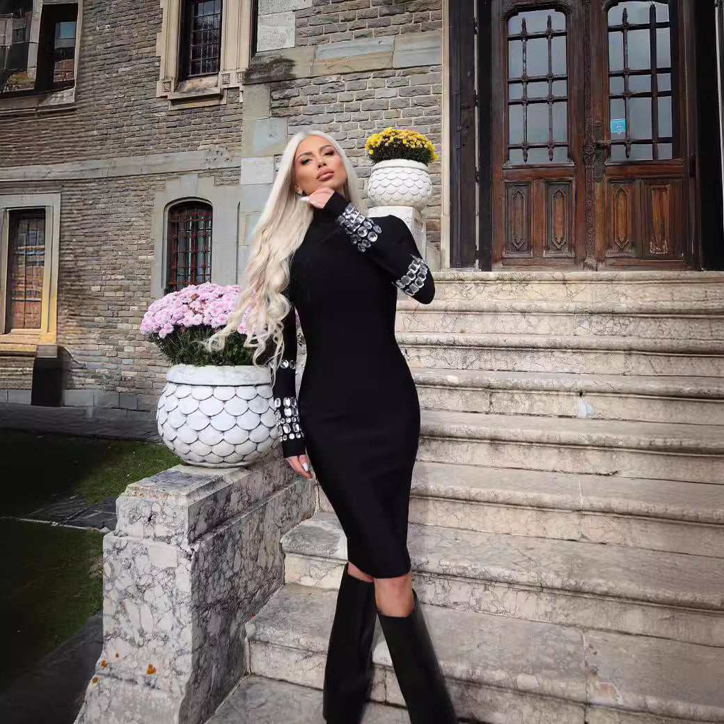 LOVEVOP  black heavy industry diamond-encrusted long-sleeved turtleneck bandage dress high-end sense slim-fitting knitted women's clothing autumn and winter models
