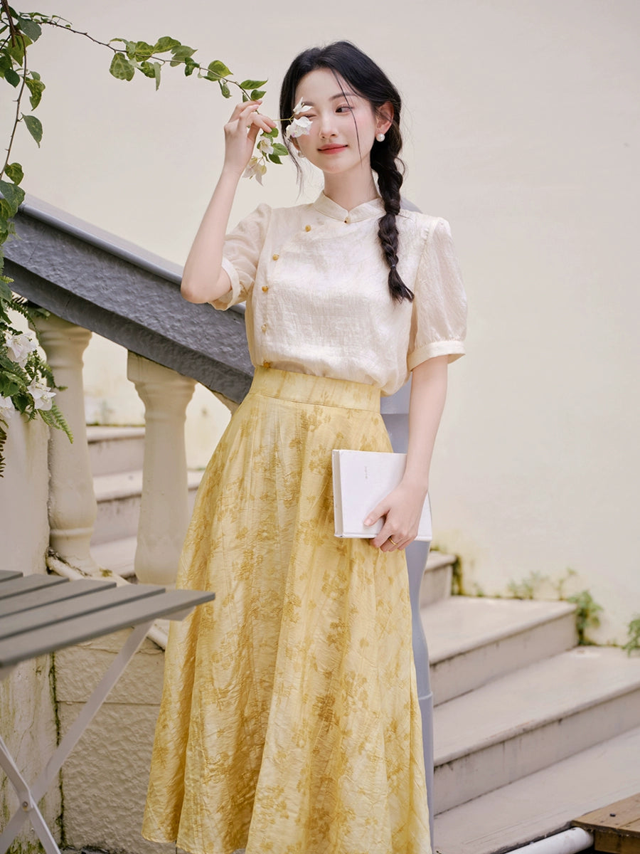 New Chinese national style set Chinese cheongsam small retro bubble sleeve top with jacquard skirt set