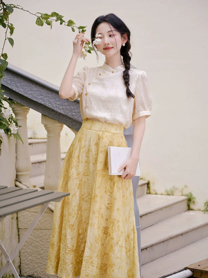 New Chinese national style set Chinese cheongsam small retro bubble sleeve top with jacquard skirt set