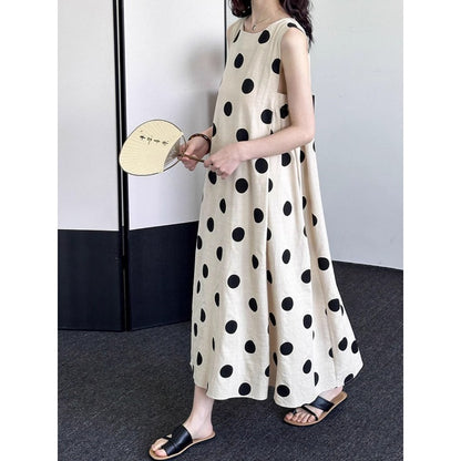 Light-colored sleeves cut, shoulders dug, polka dots cotton and linen vest, dress for women, simple and generous Korean atmosphere, old money style skirt
