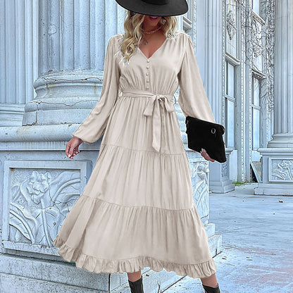 LOVEVOP Hot autumn and winter new  independent station cross-border 2025 foreign trade women's long-sleeved pleated splicing dress