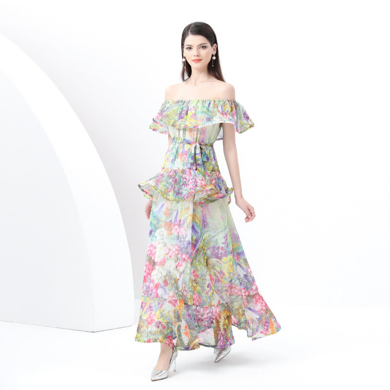 style sexy one-word shoulder chiffon printing high-end three-dimensional ruffle edge waist thin dress vacation dress