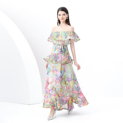 style sexy one-word shoulder chiffon printing high-end three-dimensional ruffle edge waist thin dress vacation dress
