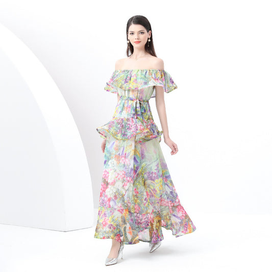 style sexy one-word shoulder chiffon printing high-end three-dimensional ruffle edge waist thin dress vacation dress