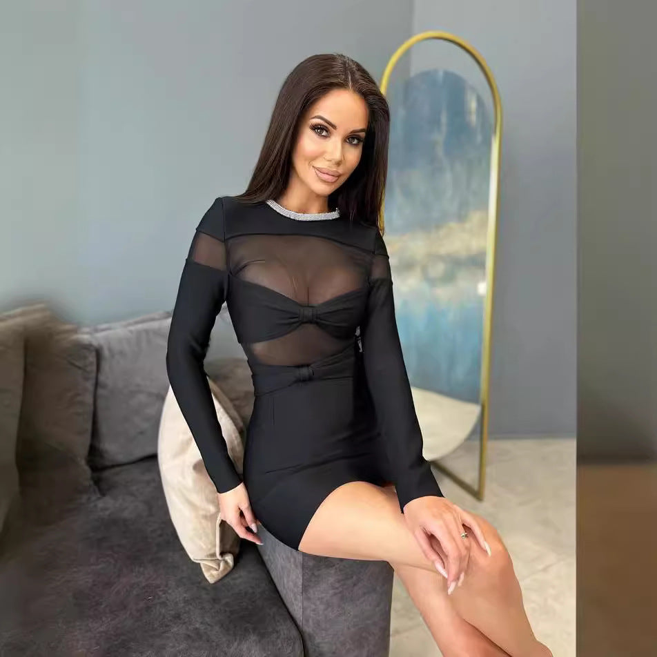 LOVEVOP popular autumn and winter new bow mesh diamond strip bandage dress New black long-sleeved semi-transparent inner women's clothing