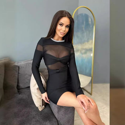 LOVEVOP popular autumn and winter new bow mesh diamond strip bandage dress New black long-sleeved semi-transparent inner women's clothing