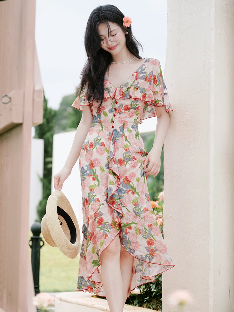 Huge good-looking beach vacation skirt  retro floral dress temperament cape long dress high-end dress