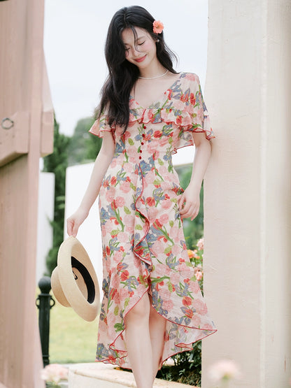 Huge good-looking beach vacation skirt  retro floral dress temperament cape long dress high-end dress
