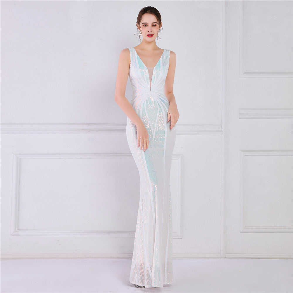 19025 #Positioning flower bead banquet elegant long sleeveless sequin aura queen fishtail skirt slim fishtail skirt