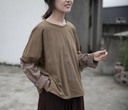 Spring and Autumn Linen Long Sleeve Cotton and Linen Loose Women's Small V-Neck T-Shirt Simple and Comfortable Khaki Sleeve Top