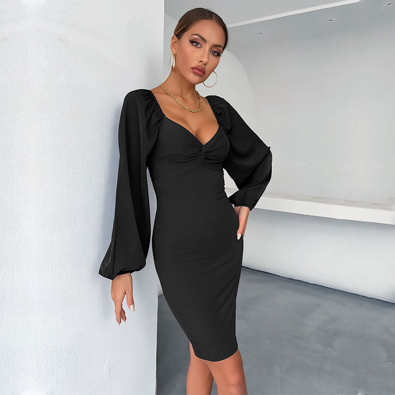 LOVEVOP New popular new product pleated bra skirt long sleeve bubble sleeve sexy hip wrap dress wholesale