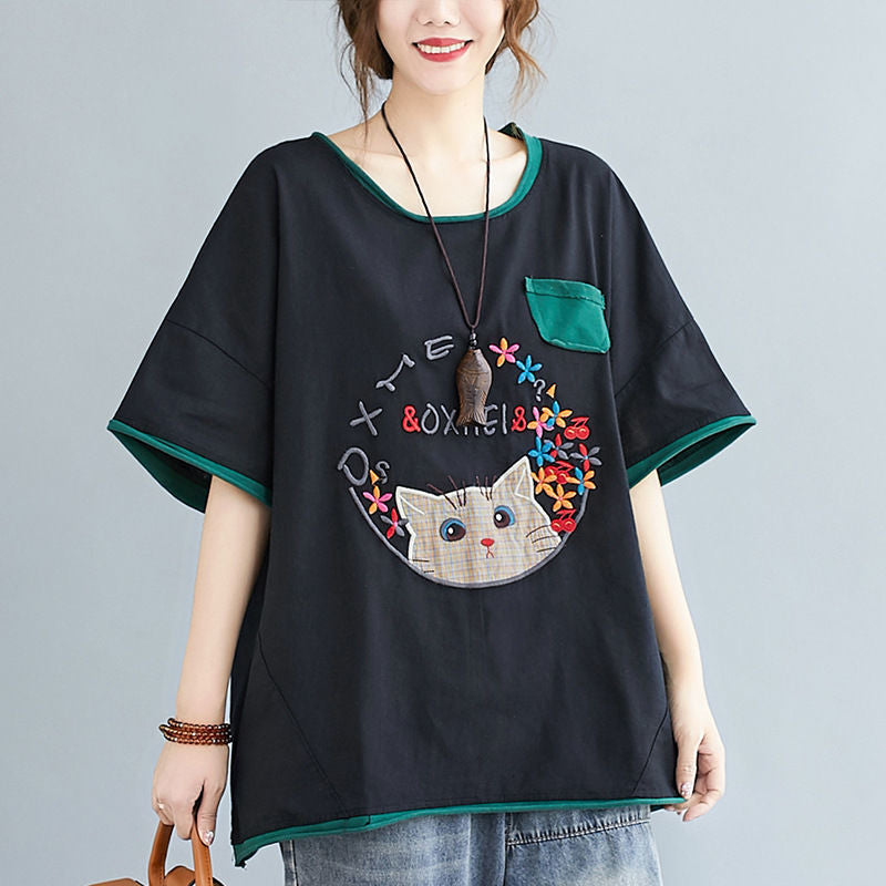 150Kg extra large size women's clothing  new literary and retro loose and thin embroidered T-shirt women's fat mm summer top