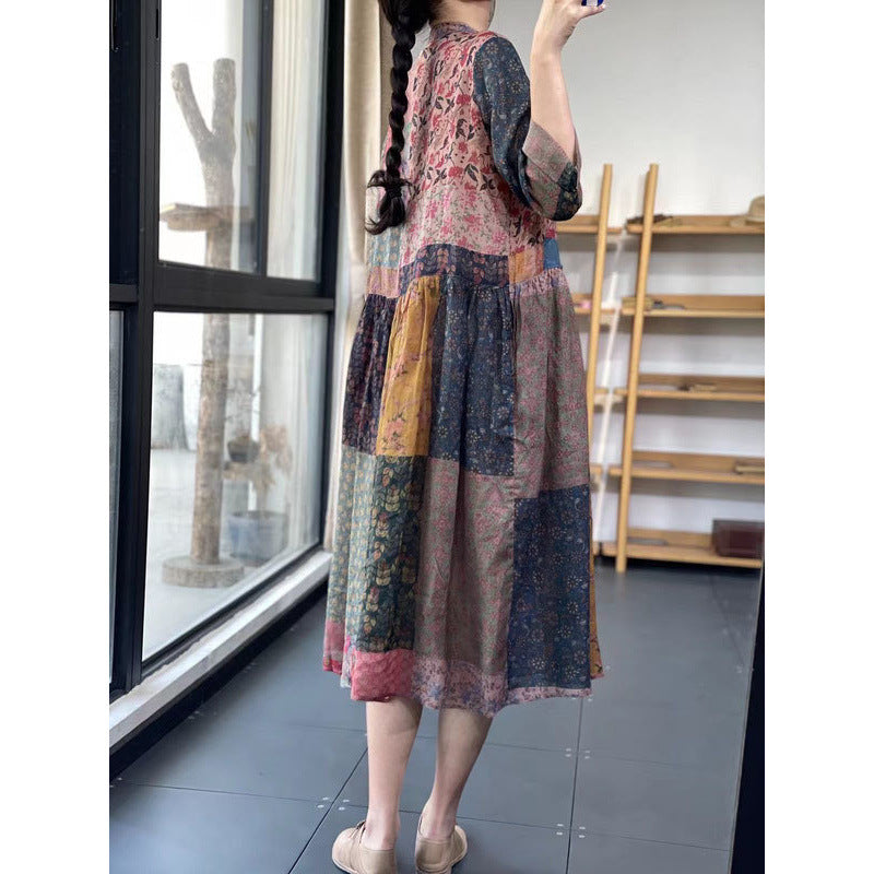 Chinese style new literary and retro color matching cotton and linen skirt  summer large size temperament V-neck dress women