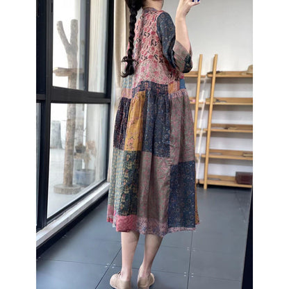 Chinese style new literary and retro color matching cotton and linen skirt  summer large size temperament V-neck dress women