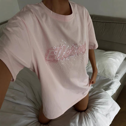 Summer outer wear women's ins style  loose casual trend top design sense bead piece letter short sleeve T-shirt women's clothing