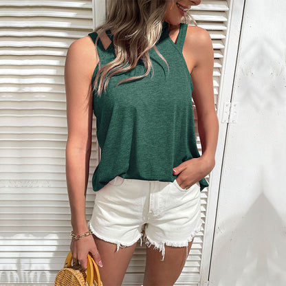 LOVEVOP 2025 popular summer new Popular trade short-sleeved loose t-shirt casual off-the-shoulder hollow suspender top women