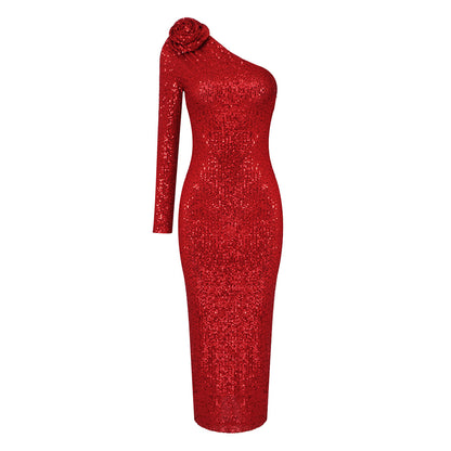 LOVEVOP New red flower shoulder bead dress long   Christmas women's long-sleeved dress autumn and winter