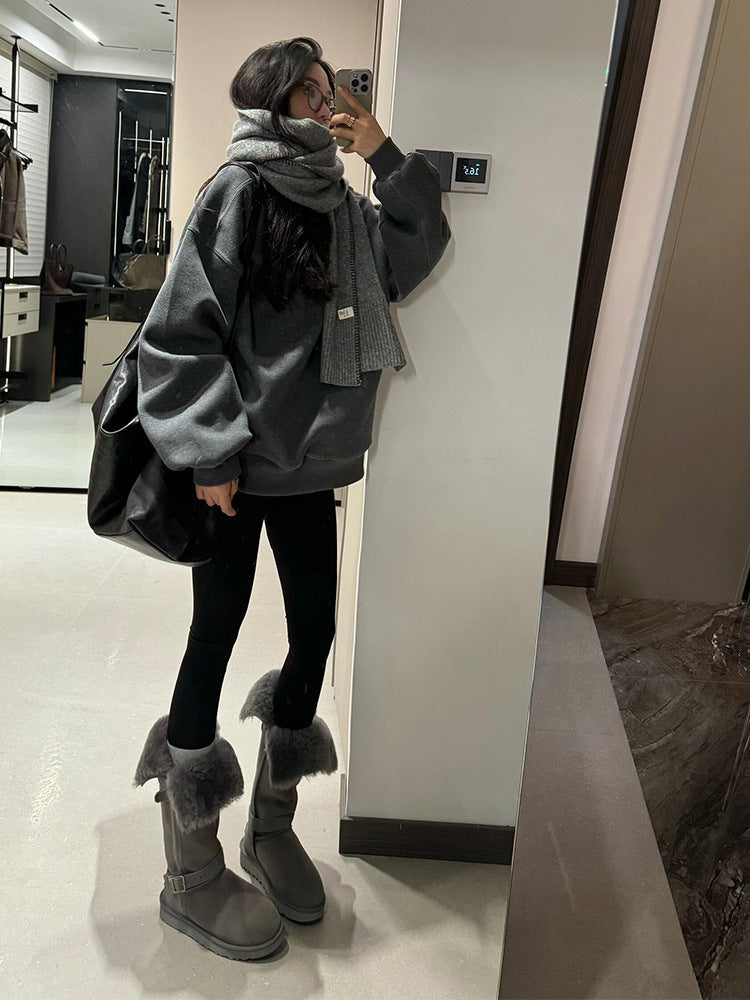 2025  Gray snow boots women's popular new retro two-wear medium tube velvet but knee knight boots