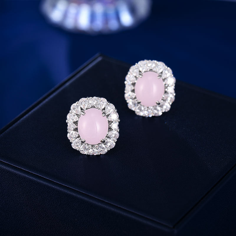 2025 New Chinese style Guochao temperament earrings light luxury retro natural ice green chalcedony earrings women's high-end oval earrings