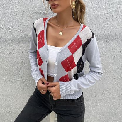 LOVEVOP popular autumn new New 2025 college rhombus v-neck sweater slim-fitting knitted cardigan women's long-sleeved top