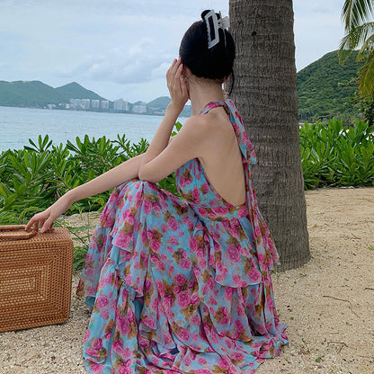 2025 floral neck dress women's summer lace-up skirt high-end halter temperament ruffle leaf edge cake long dress